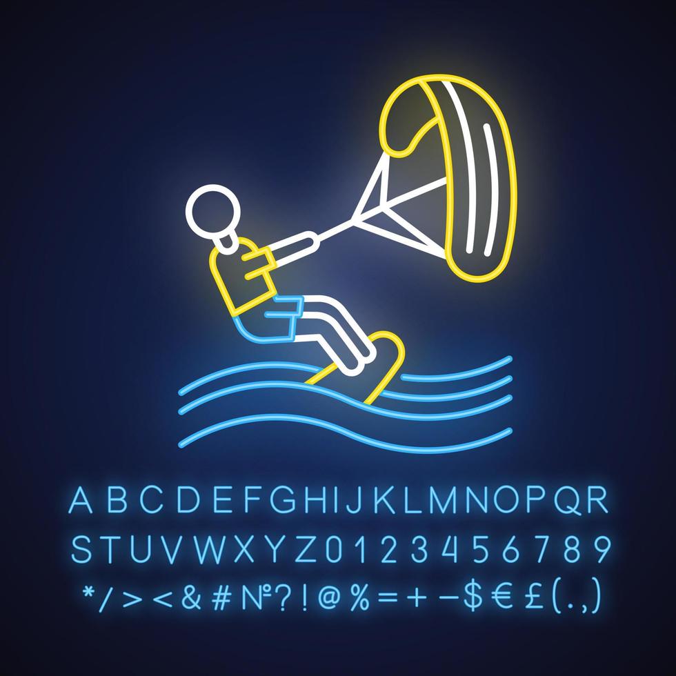 icono de luz de neón de kitesurf. deporte acuático, tipo de deporte extremo. actividad de playa de verano. captura de olas y el poder del viento. signo brillante con alfabeto, números y símbolos. ilustración vectorial aislada vector