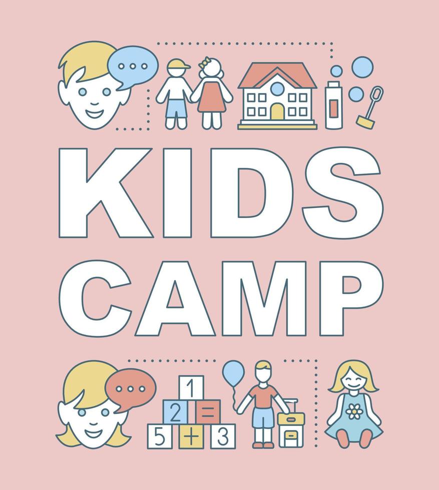 Kids camp word concepts banner. Children activity club, organisation. Afterschool education. Presentation, website. Isolated lettering typography idea with linear icons. Vector outline illustration