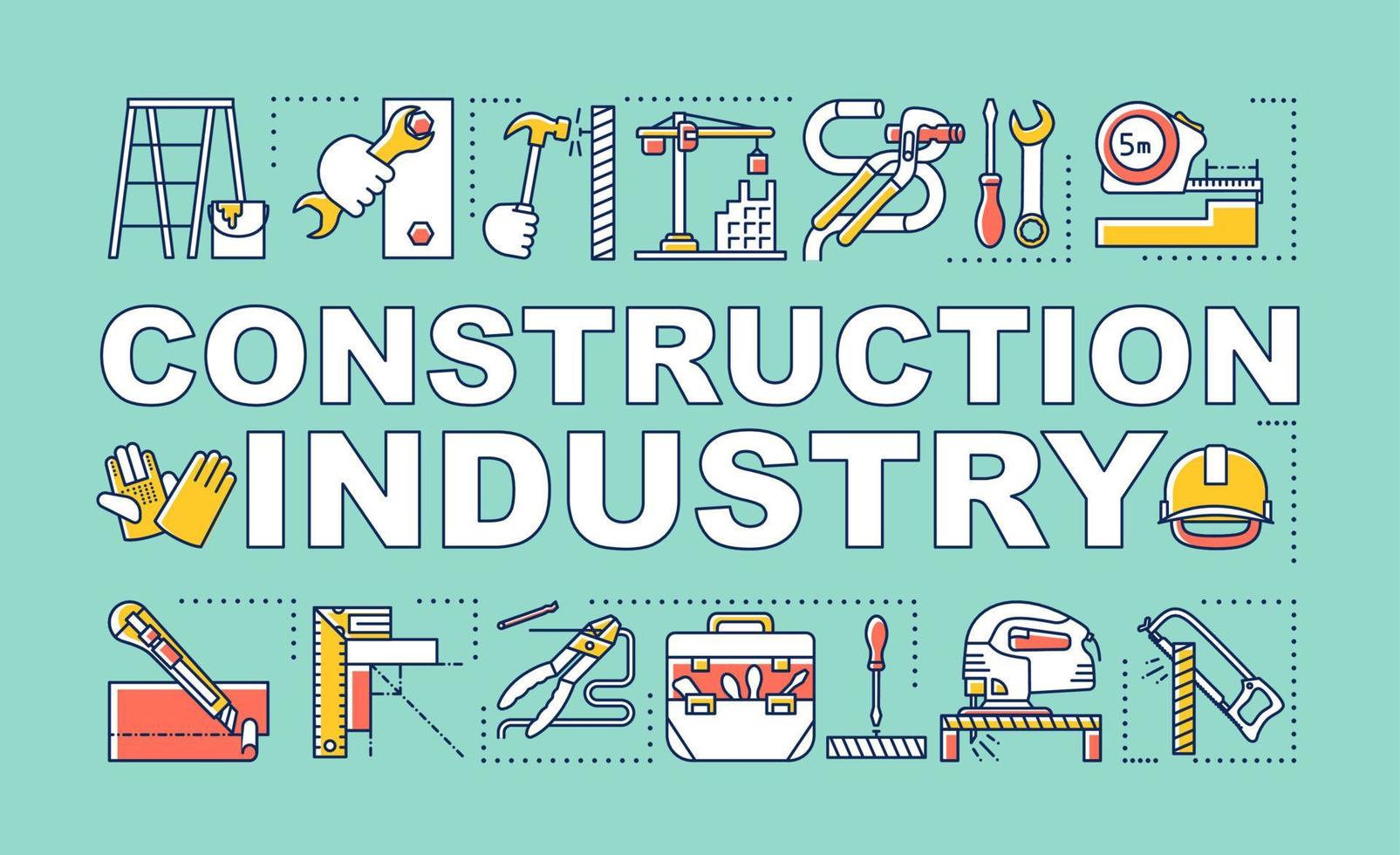 Construction industry word concepts banner. Repair and renovation of housing. Building yard. Presentation, website. Isolated lettering typography idea with linear icons. Vector outline illustration