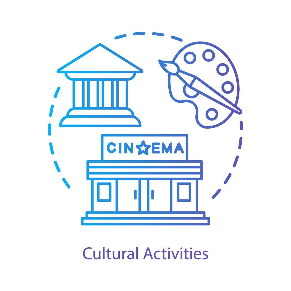Cultural rest concept icon. Leisure, pastime, entertainment idea thin line illustration. Visiting cinema, having fun. City sightseeing tour. Vector isolated outline drawing. Editable stroke..