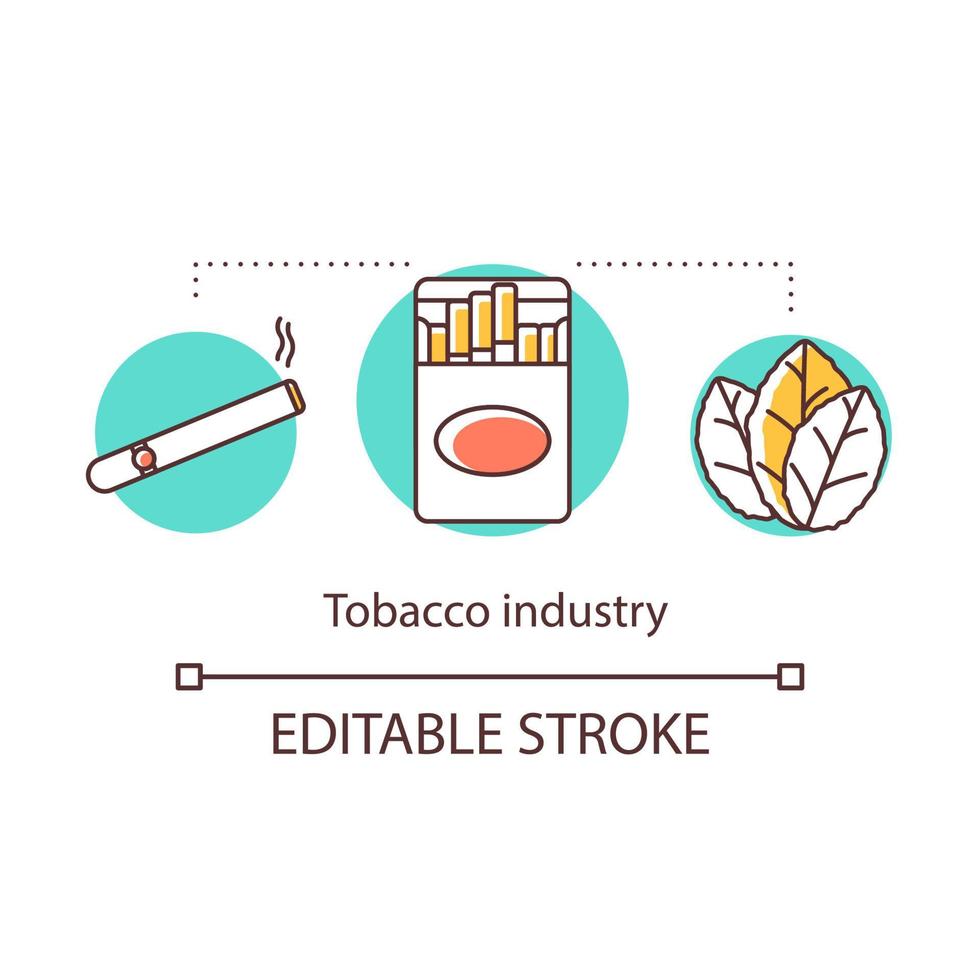 Tobacco industry concept icon. Nicotine-containing goods. Growth, preparation, sale cigarettes products idea thin line illustration. Smoking addiction. Vector isolated outline drawing. Editable stroke