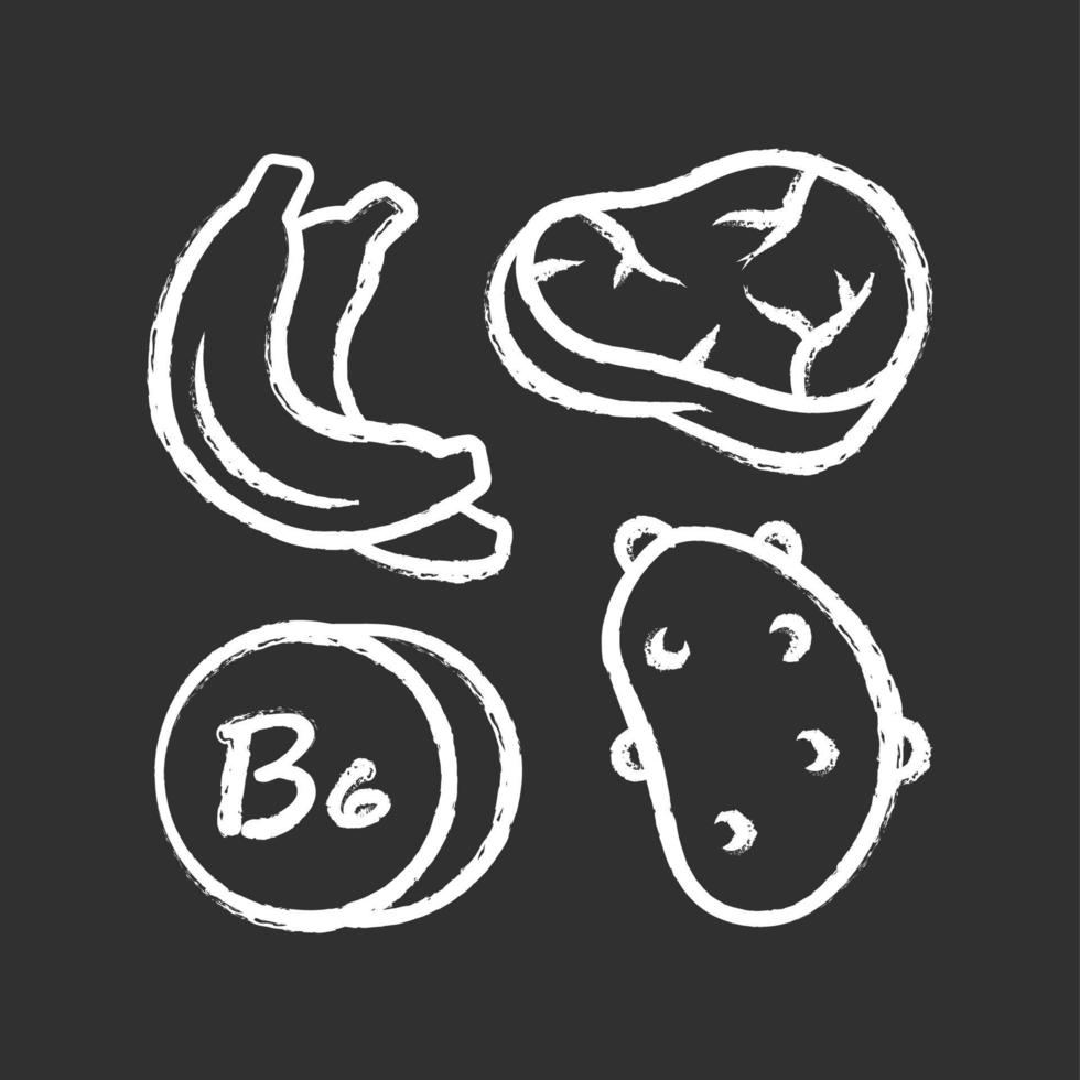 Vitamin B6 chalk icon. Meat, banana and potato. Healthy eating. Pyridoxine natural food source. Proper nutrition. Minerals, antioxidants. Isolated vector chalkboard illustration