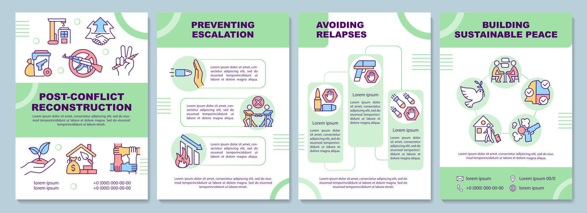 Post conflict reconstruction green brochure template. Avoiding relapses. Leaflet design with linear icons. 4 vector layouts for presentation, annual reports.