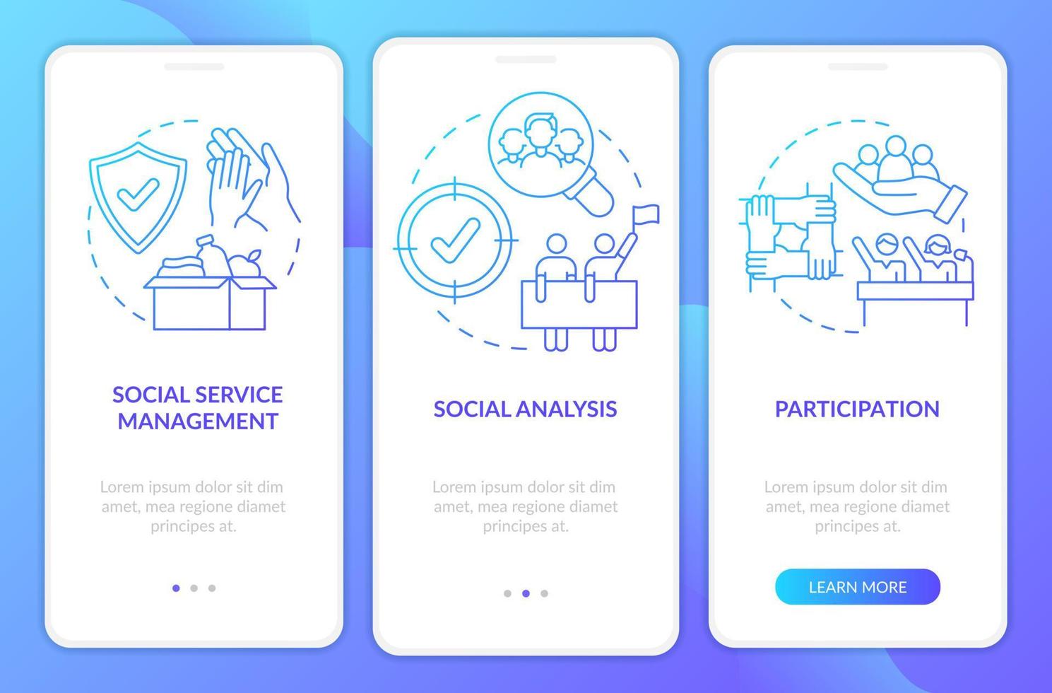 la planificación social organiza la pantalla de la aplicación móvil de incorporación de gradiente azul. tutorial 3 pasos páginas de instrucciones gráficas con conceptos lineales. interfaz de usuario, ux, plantilla de interfaz gráfica de usuario. vector