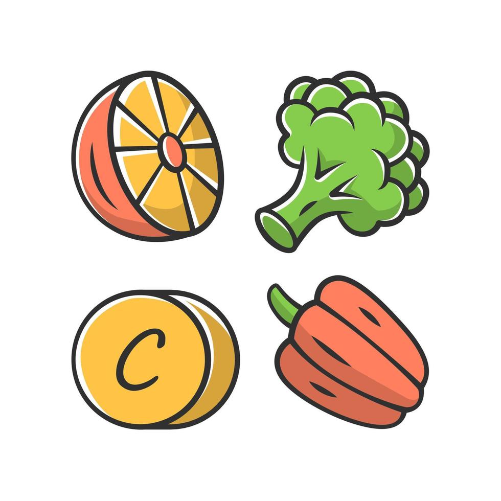 Vitamin C color icon. Lemon, broccoli and bell pepper. Healthy eating. Ascorbic acid natural food source. Vegetables. Proper nutrition. Minerals, antioxidants. Isolated vector illustration