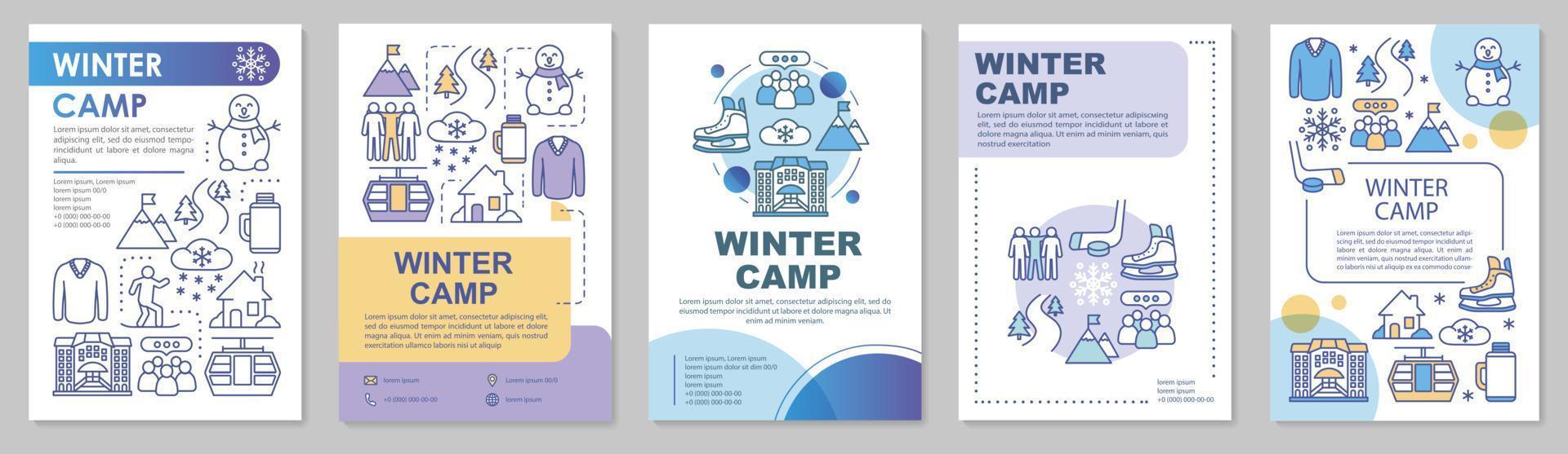 Winter, snow camp, holiday resort brochure template layout. Flyer, booklet, leaflet print design with linear illustrations. Vector page layouts for magazines, annual reports, advertising posters