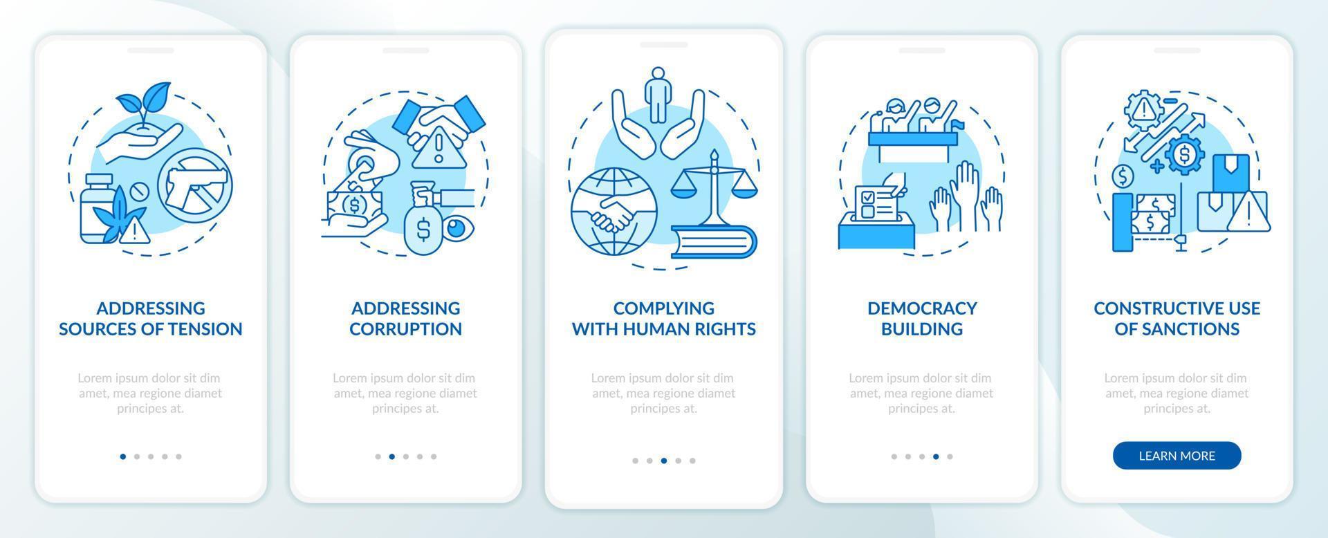Preventing armed hostilities blue onboarding mobile app screen. Democracy walkthrough 5 steps graphic instructions pages with linear concepts. UI, UX, GUI template. vector