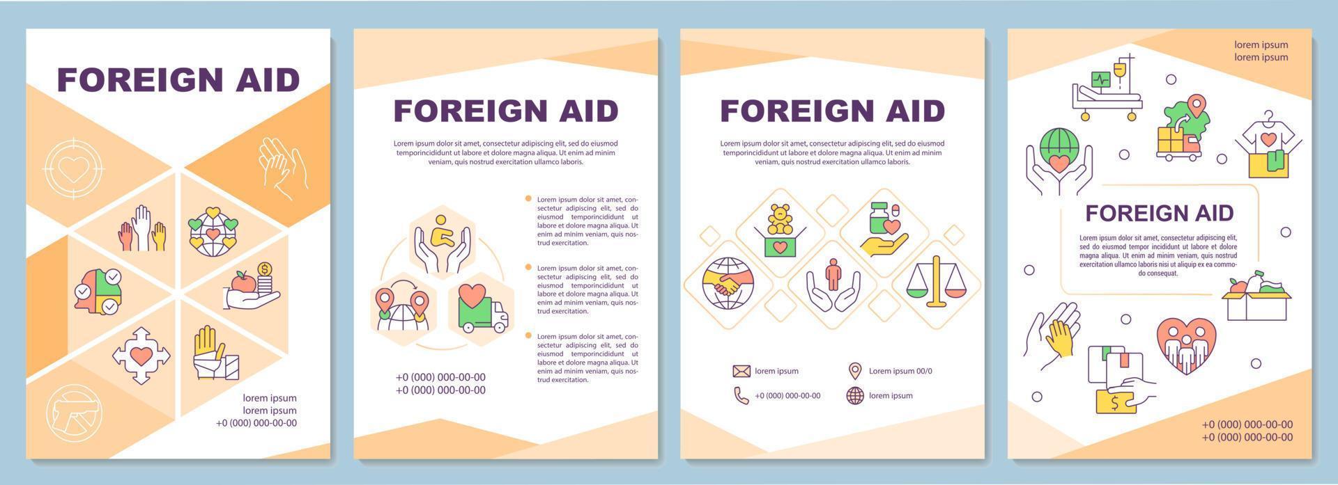 International aid orange brochure template. Protecting human rights. Leaflet design with linear icons. 4 vector layouts for presentation, annual reports.