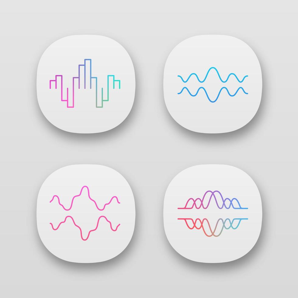 Sound waves app icons set. UIUX user interface. Audio, music, radio signal waves. Vibration, motion line. Digital curve soundwaves frequency. Web or mobile applications. Vector isolated illustrations