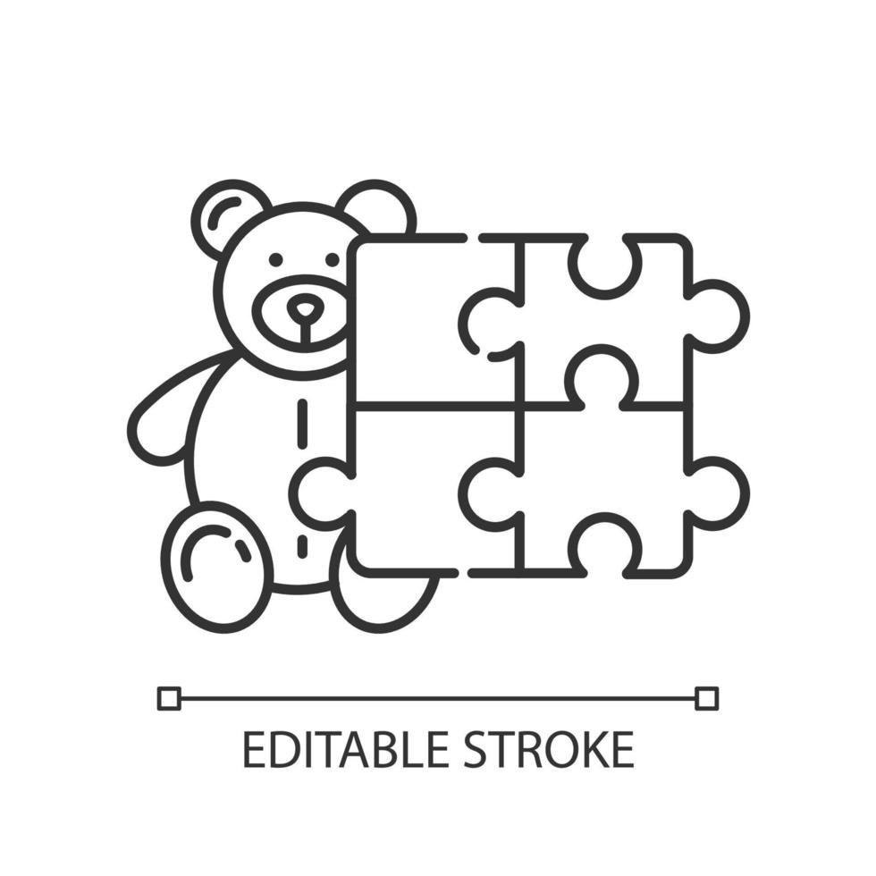 Toys and hobbies linear icon. Kid products. Teddy bear and puzzle. E commerce department, shopping categories. Thin line illustration. Contour symbol. Vector isolated outline drawing. Editable stroke