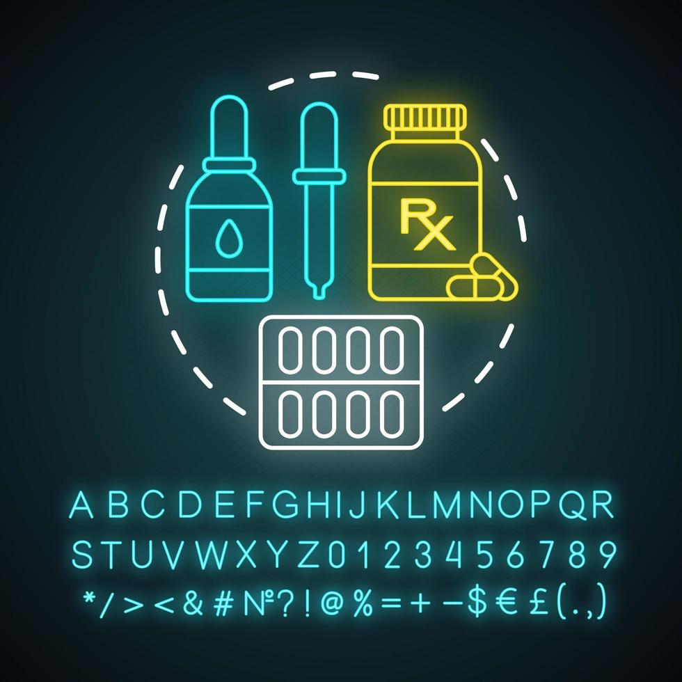 Pharmacy neon light concept icon. Pharmacological products. Medicine, drugs in tablets, drops, capsules. Drugstore idea. Glowing sign with alphabet, numbers and symbols. Vector isolated illustration