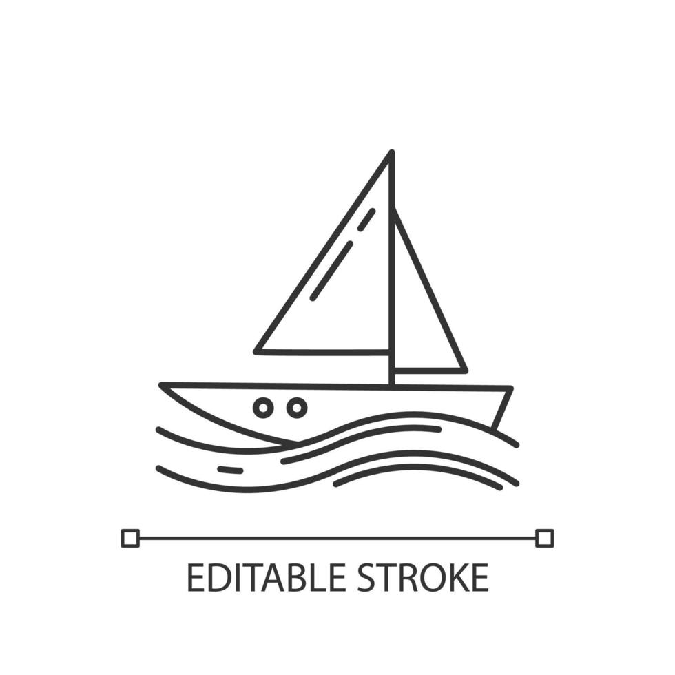 Sailing linear icon. Thin line illustration. Watersport, extreme kind of sport. Yachting and navigation. Voyage, boat on ocean waves. Contour symbol. Vector isolated outline drawing. Editable stroke