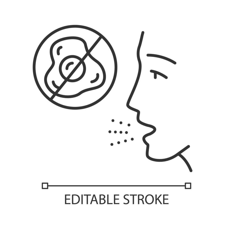 Egg allergy linear icon. Allergic reaction to food. Hypersensitivity of immune system. Egg protein intolerance. Thin line illustration. Contour symbol. Vector isolated outline drawing. Editable stroke