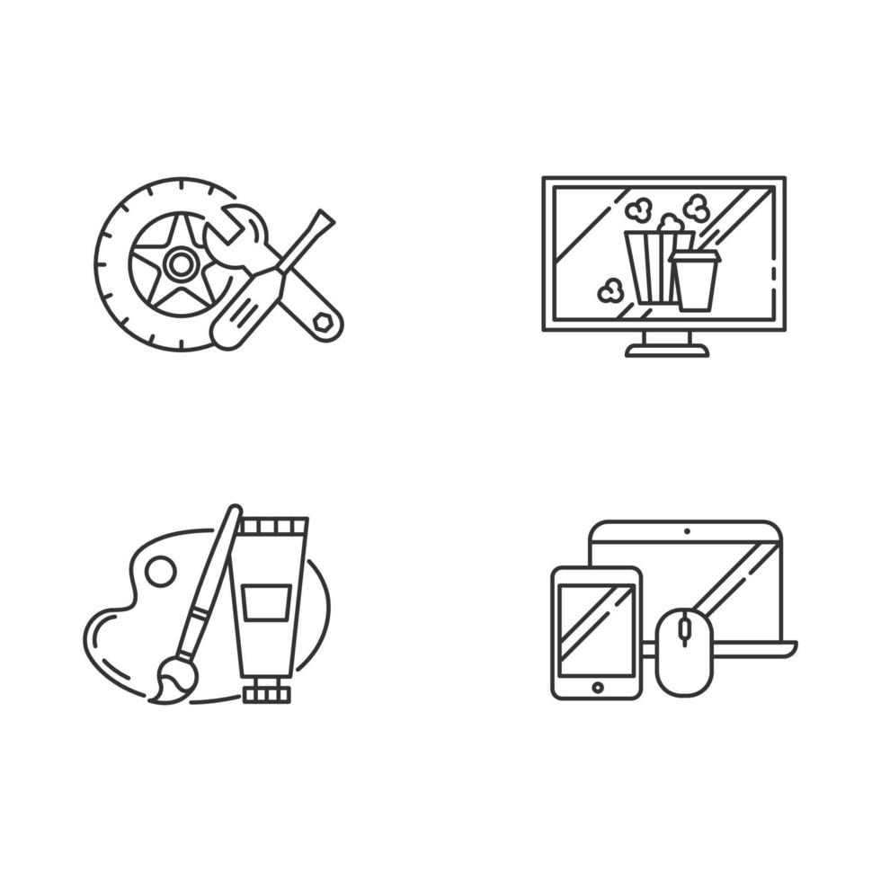 Conjunto de iconos lineales de departamentos de comercio electrónico. categorías de compras en línea. Artes y manualidades. electrónica. autopartes símbolos de contorno de línea delgada. ilustraciones aisladas de contorno vectorial. trazo editable vector