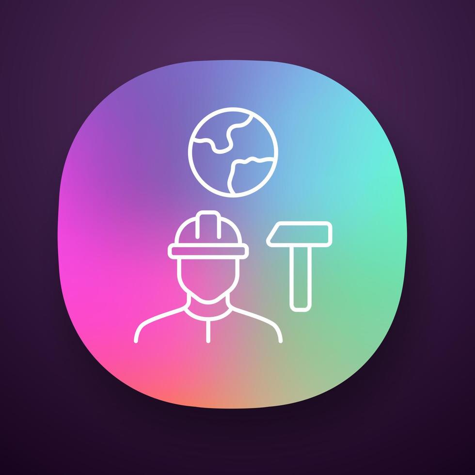 Job for immigrants app icon. Refugee employment. Construction worker. Finding work abroad. Hard hat worker, handyman. UIUX user interface. Web or mobile application. Vector isolated illustration