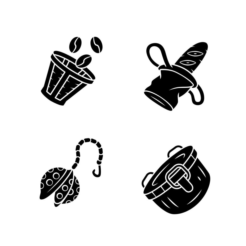 conjunto de iconos de glifo de accesorios de cocina sin desperdicio. símbolos de silueta. filtro de café reutilizable, infusor de té. bolsa de pan de lona, contenedor de comida de metal. ilustración vectorial.. vector