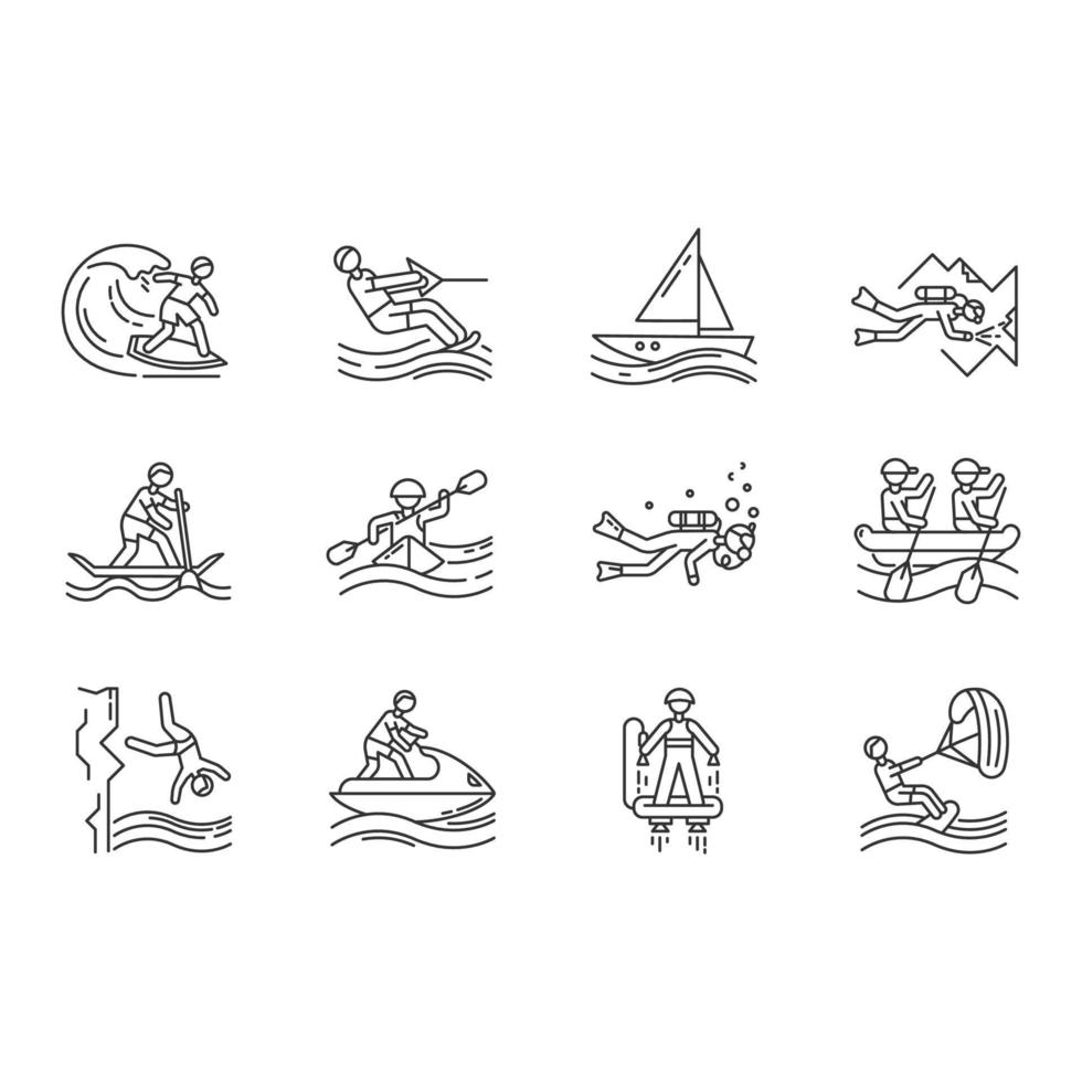 Watersports linear icons set. Cave diving, kiteboarding, flyboarding and jet skiing. Cliff jumping and paddle surfing.Thin line contour symbols. Isolated vector outline illustrations. Editable stroke