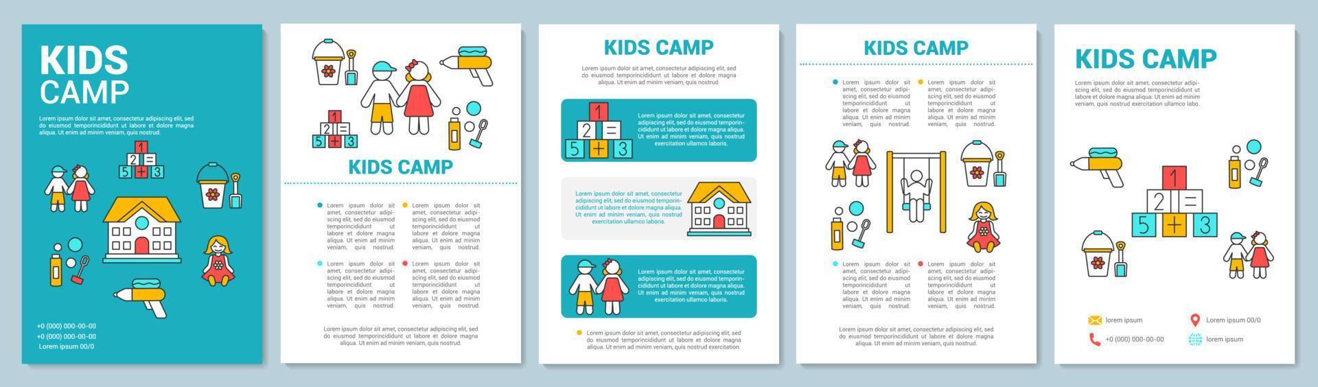 diseño de plantilla de folleto de campamento de niños preescolares y educativos. folleto, folleto, diseño de impresión de folleto con ilustraciones lineales. diseños de páginas vectoriales para revistas, informes anuales, carteles publicitarios vector