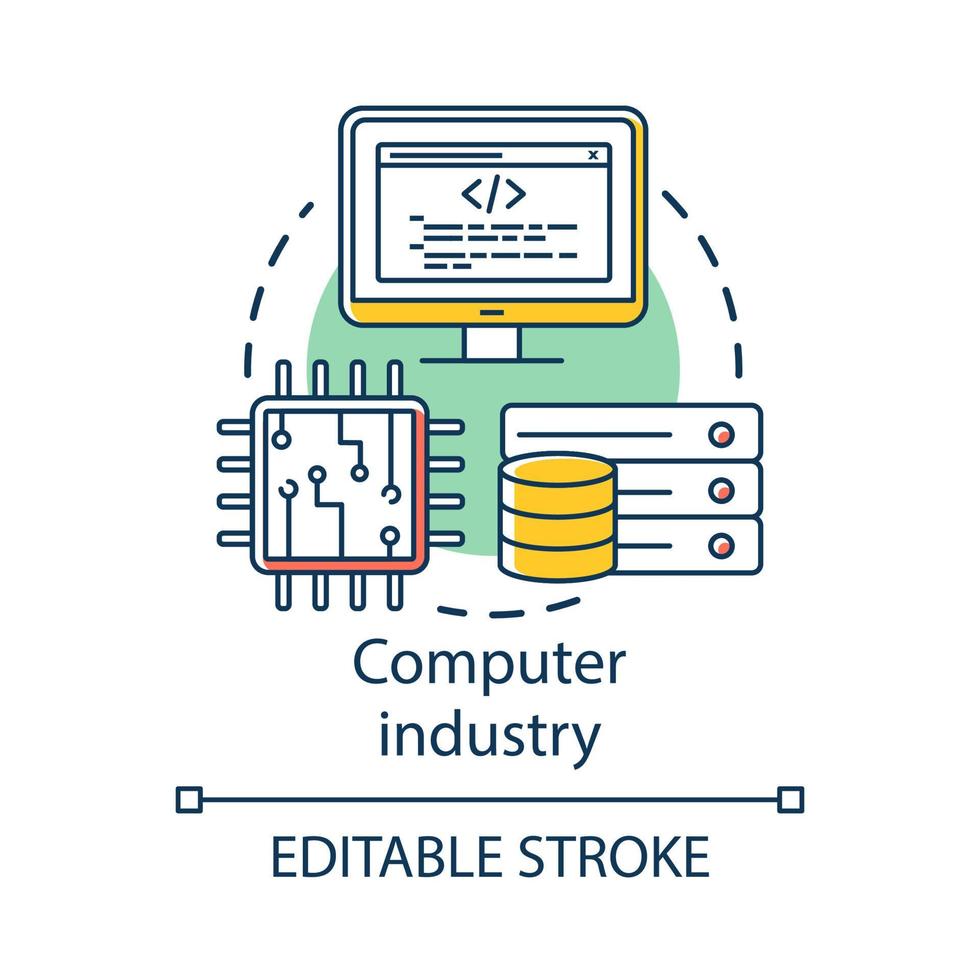 icono del concepto de la industria informática. hardware, desarrollo de software. programación. servidor de datos, cpu. Ilustración de línea fina de idea de tecnología de la información. dibujo de contorno aislado vectorial. trazo editable vector