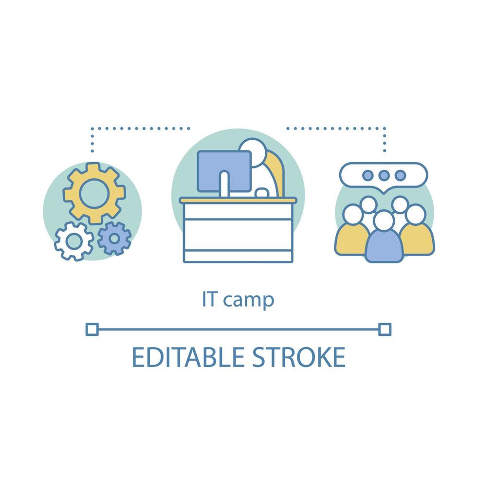 Information technology, IT camp concept icon. Programming, coding, software development course idea thin line illustration. Presenting new inventions. Vector isolated outline drawing. Editable stroke