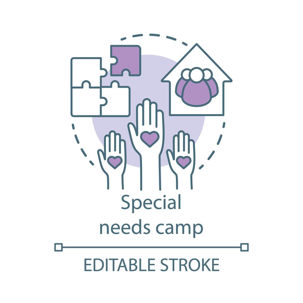 Special needs camp concept icon. Summer handicapped, charity club, community idea thin line illustration. Social aid, assistance organisation. Vector isolated outline drawing. Editable stroke