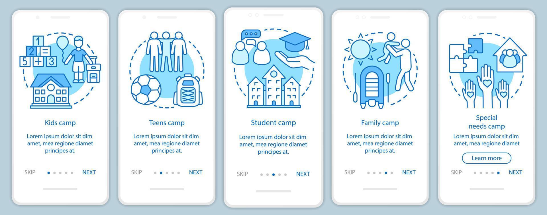 Campamentos para niños que incorporan la pantalla de la página de la aplicación móvil con conceptos lineales. instrucciones gráficas de pasos de tutorial de vacaciones para niños y familias. ux, ui, plantilla de vector de interfaz gráfica de usuario con ilustraciones