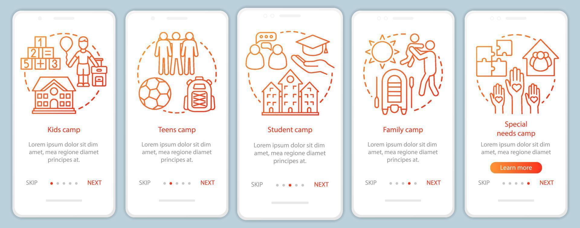 Children camps onboarding mobile app page screen vector template. Kids and family holiday. Walkthrough website steps with linear illustrations. UX, UI, GUI smartphone interface concept