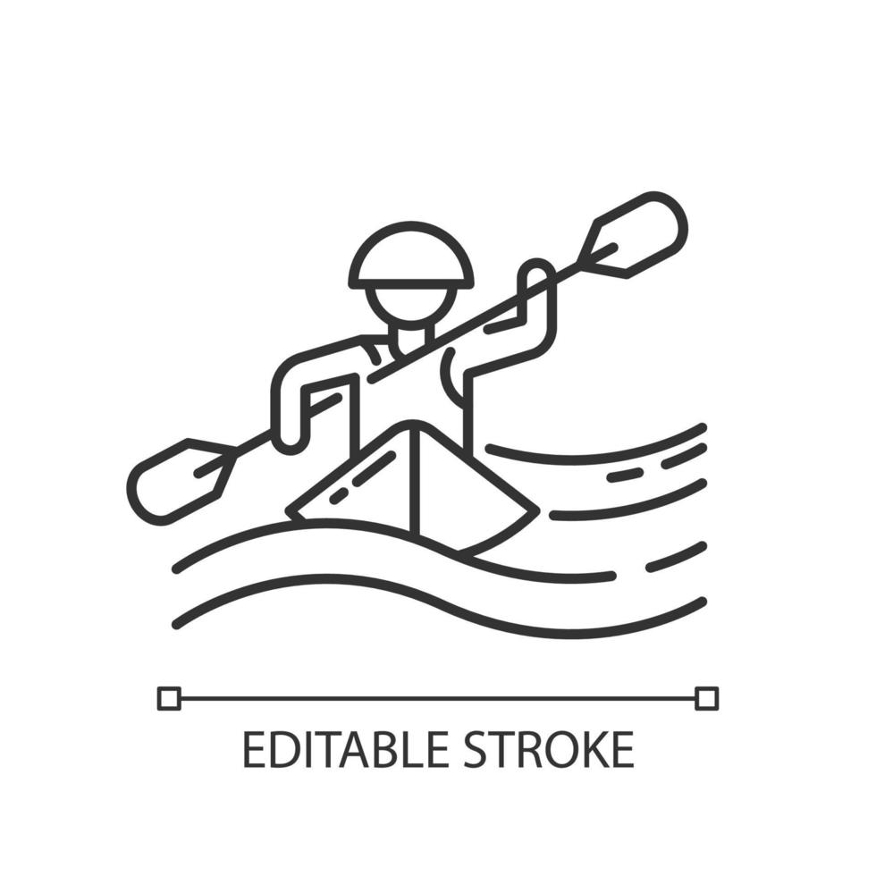 Kayaking linear icon. Thin line illustration. Canoeing watersport, extreme underwater kind of sport. Risky leisure on boat with puddle. Contour symbol. Vector isolated outline drawing. Editable stroke