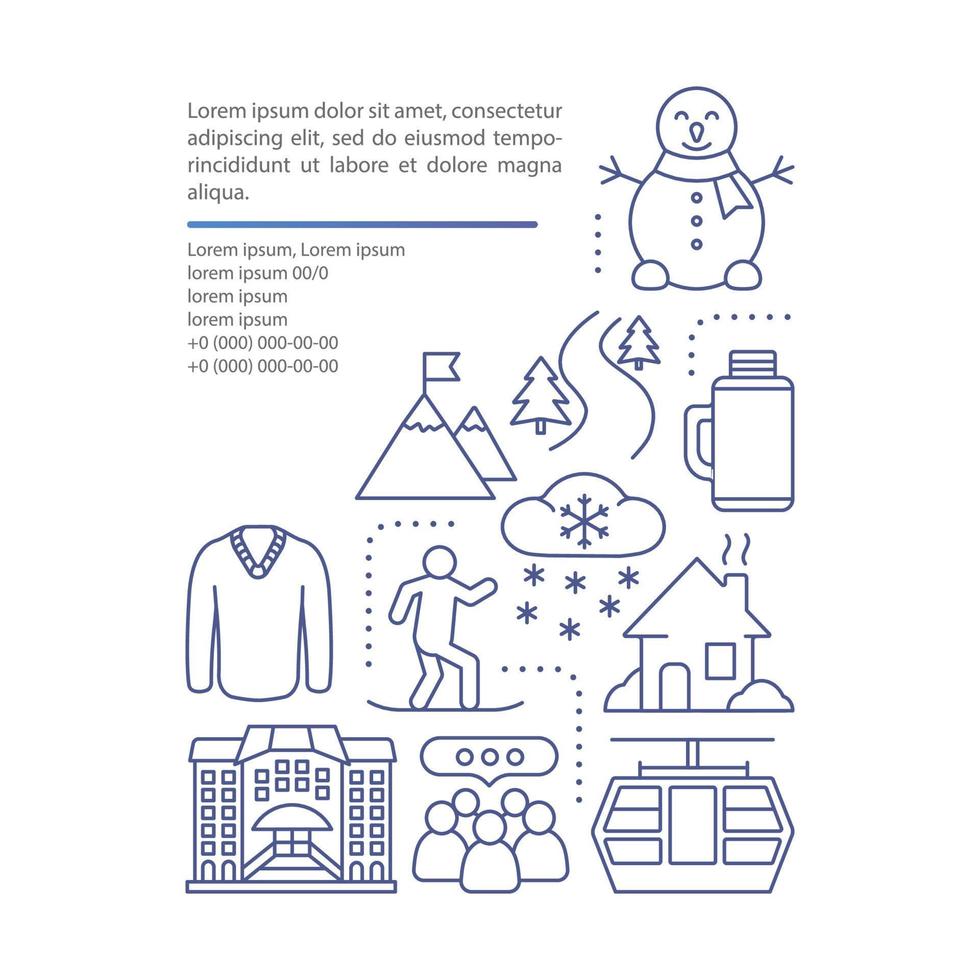 Winter, snowy holiday, vacation resort article page vector template. Brochure, magazine, booklet design element with linear icons and text boxes. Print design. Concept illustrations with text space