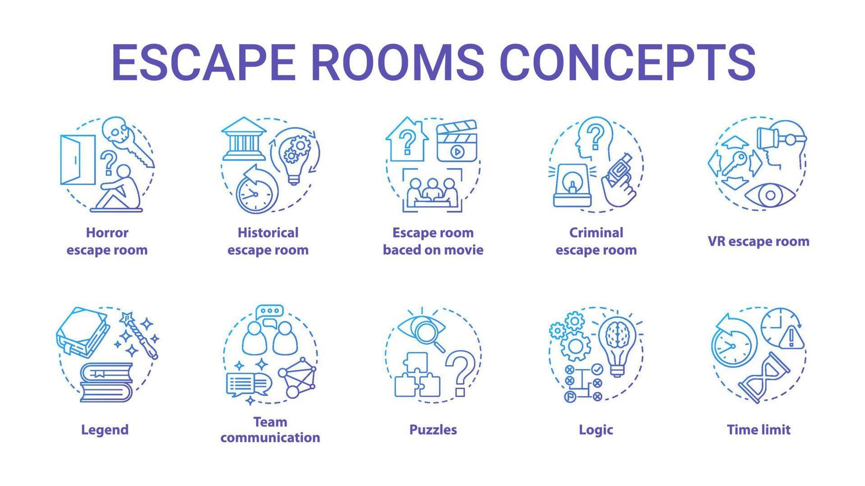 Escape room blue gradient concept icons set. Quest types idea thin line illustration. Strategy game collection. Puzzles and riddles solving pack. Vector isolated outline drawing