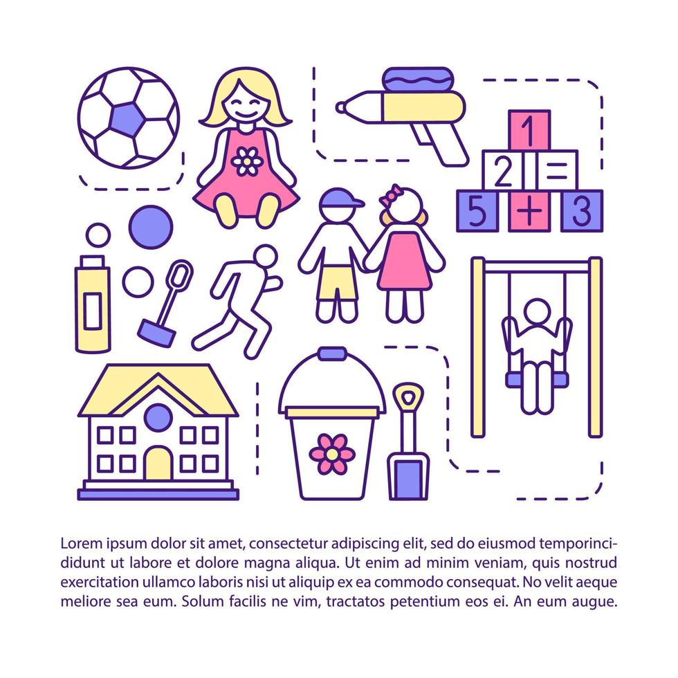 Children camp, after school facility article page vector template. Brochure, magazine, booklet design element with linear icons and text boxes. Print design. Concept illustrations with text space