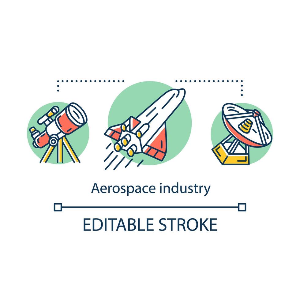Aerospace industry concept icon. Cosmos exploration and travel. Astronautics. Observation of space objects, rocketry idea thin line illustration. Vector isolated outline drawing. Editable stroke