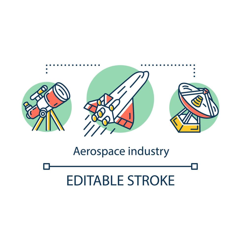 icono del concepto de la industria aeroespacial. exploración y viajes del cosmos. astronáutica. observación de objetos espaciales, ilustración de línea delgada de idea de cohetes. dibujo de contorno aislado vectorial. trazo editable vector