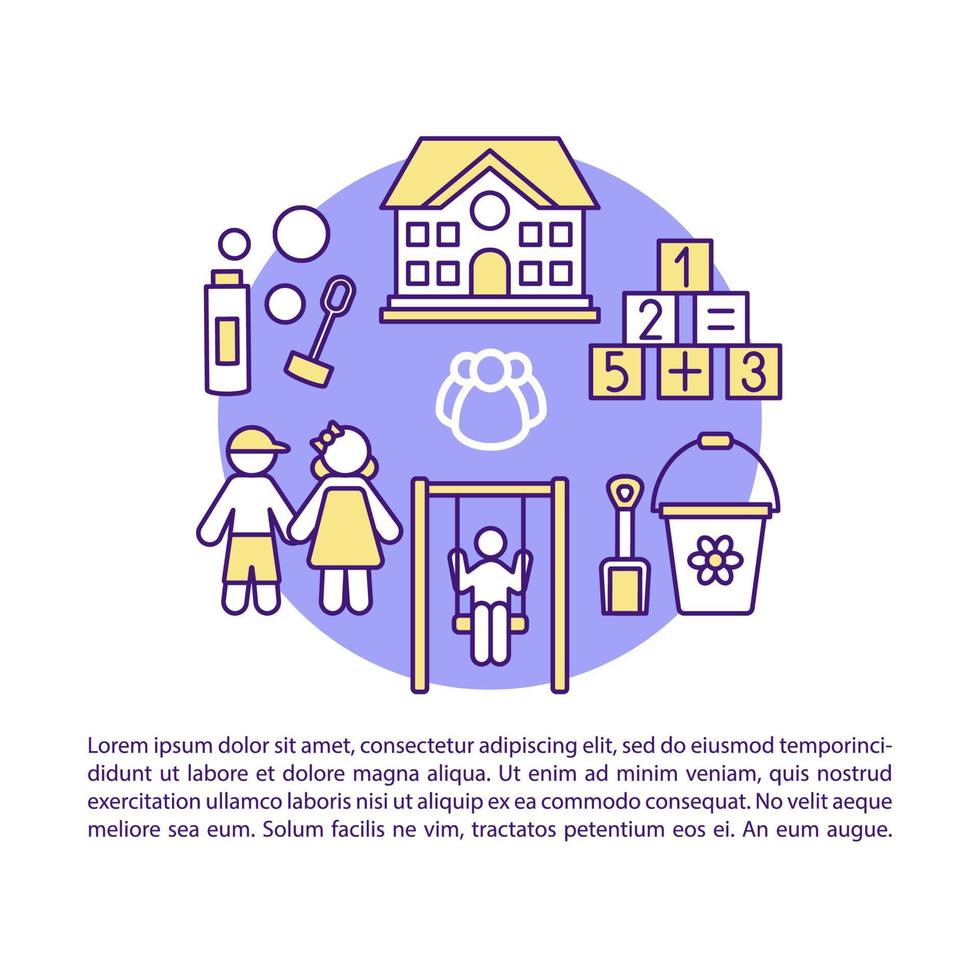 Child camp, after school activity article page vector template. Brochure, magazine, booklet design element with linear icons and text boxes. Print design. Concept illustrations with text space