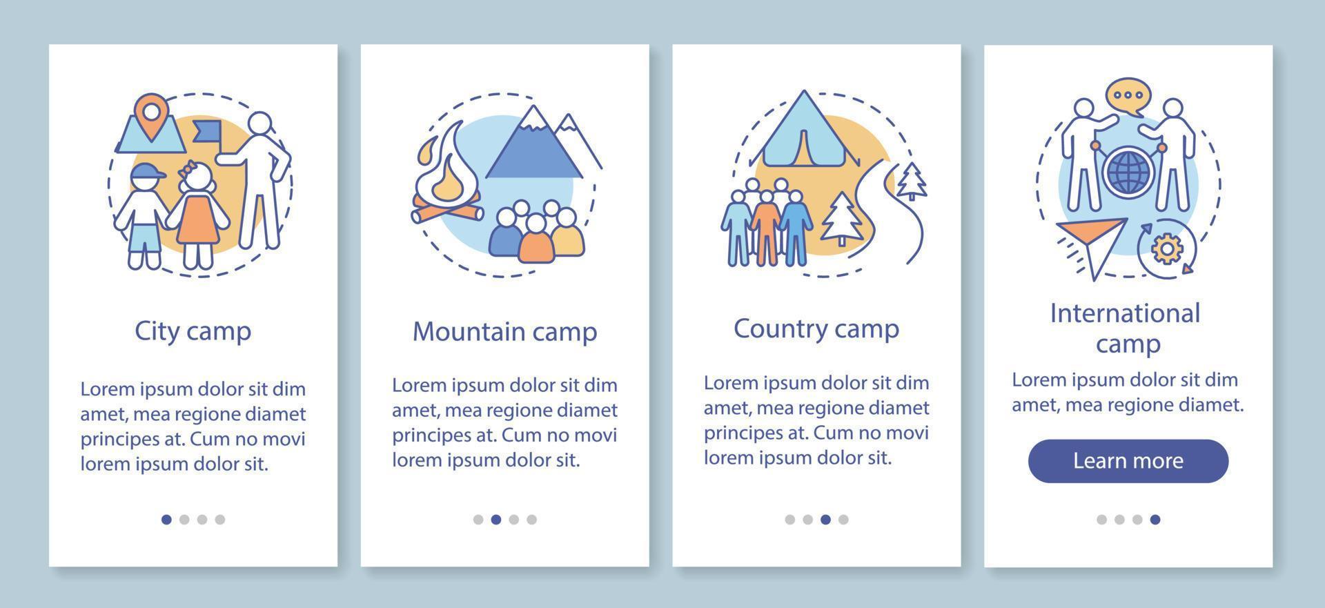 Travelling, nature camps onboarding mobile app page screen with linear concepts. Camping vacation, trip walkthrough steps graphic instructions. UX, UI, GUI vector template with illustrations