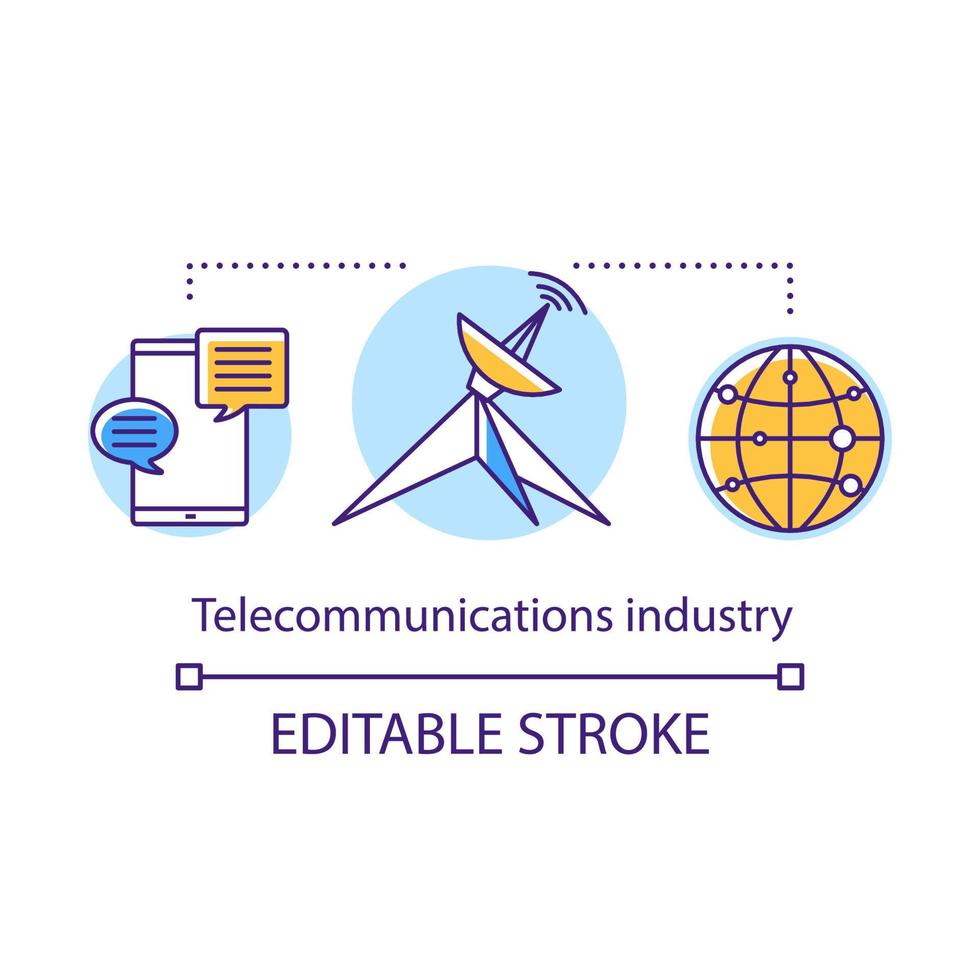Telecommunications industry concept icon. Global communication service. Information exchange technology. Telecom system idea thin line illustration. Vector isolated outline drawing. Editable stroke