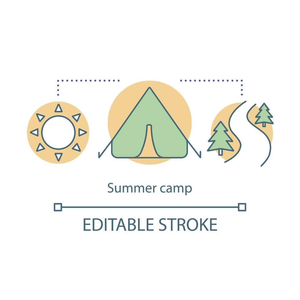 Summer camp concept icon. Summer hiking and camping club, holiday resort idea thin line illustration. Travelling in woods, backpacking in forest. Vector isolated outline drawing. Editable stroke