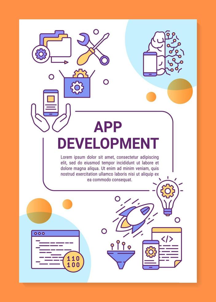 App development poster template layout. Mobile programming. Wireless technology. Banner, booklet, leaflet print design with linear icons. Vector brochure page layout for magazines, advertising flyers