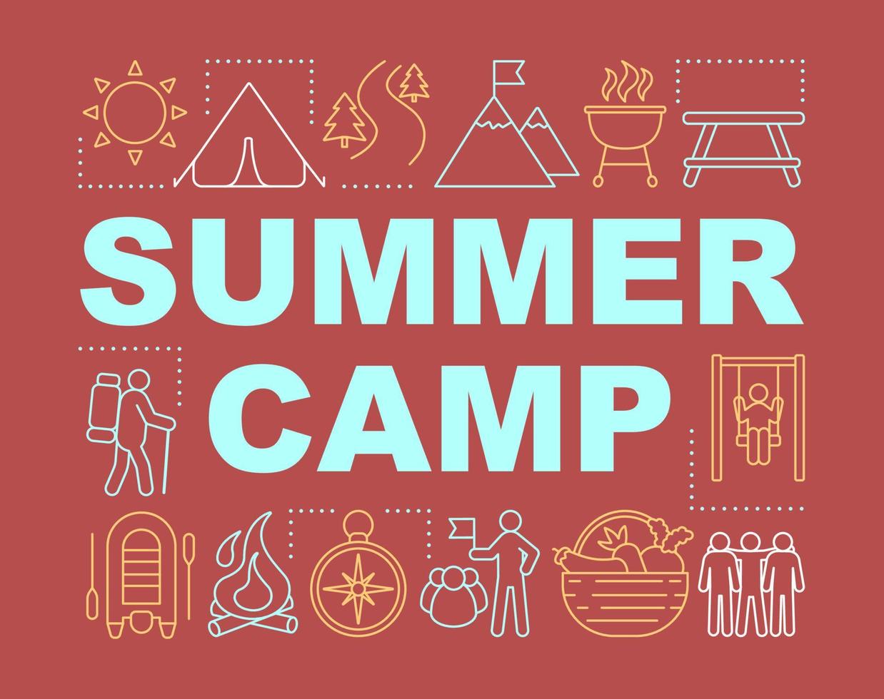 Summer outdoor activities,camp word concepts banner. Country vacation. Hiking and trekking. Presentation, website. Isolated lettering typography idea with linear icons. Vector outline illustration