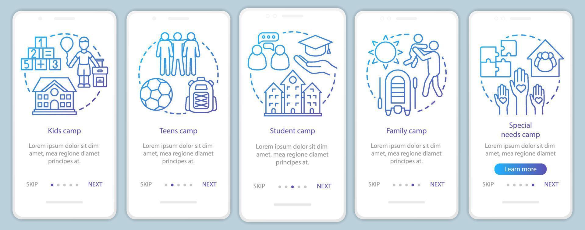 Children camps onboarding mobile app page screen vector template. Kids and family holiday. Walkthrough website steps with linear illustrations. UX, UI, GUI smartphone interface concept
