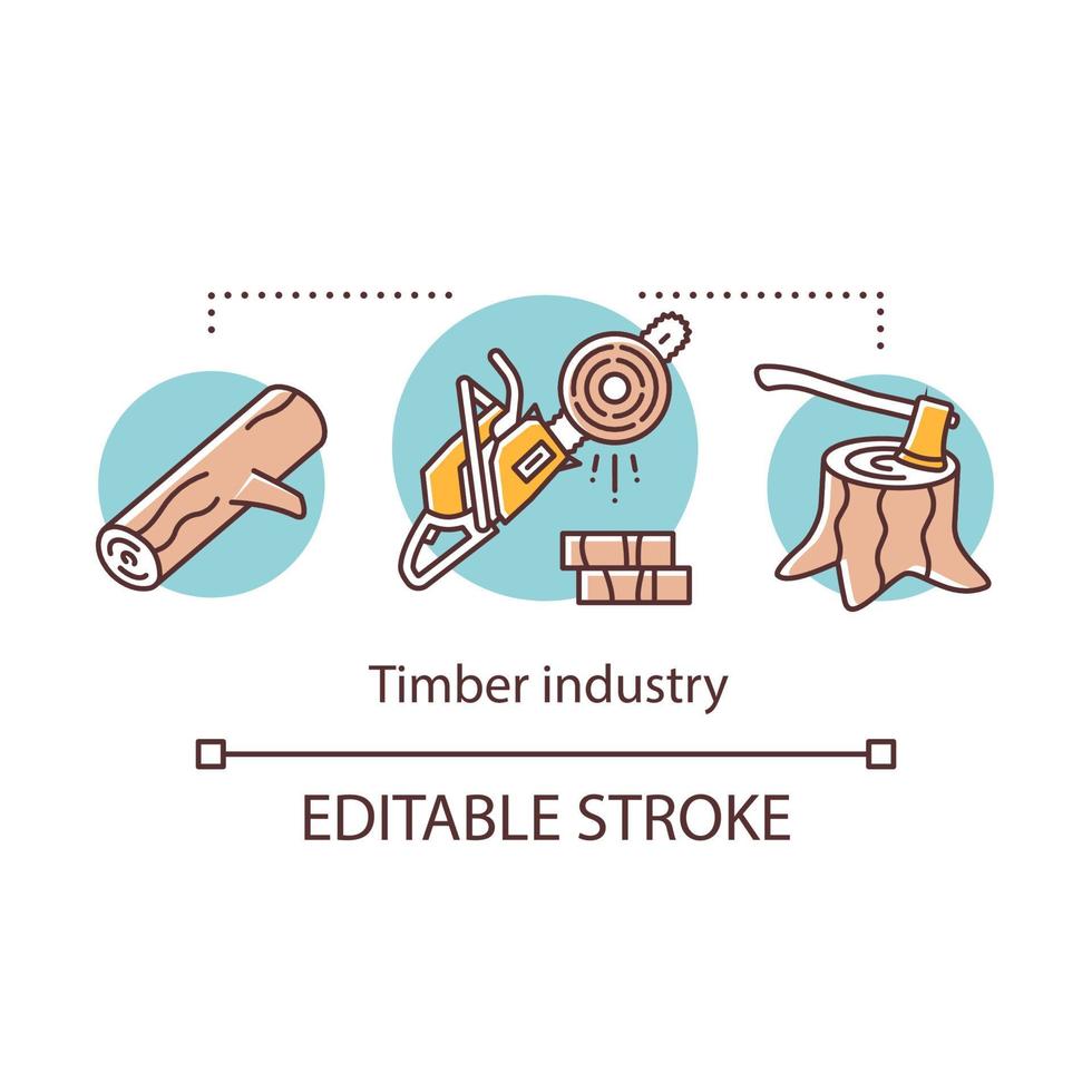 icono del concepto de industria maderera. Inicio sesión. sector forestal producción de madera leña. registro, motosierra, hacha en ilustración de línea delgada de idea de tocón. dibujo de contorno aislado vectorial. trazo editable vector