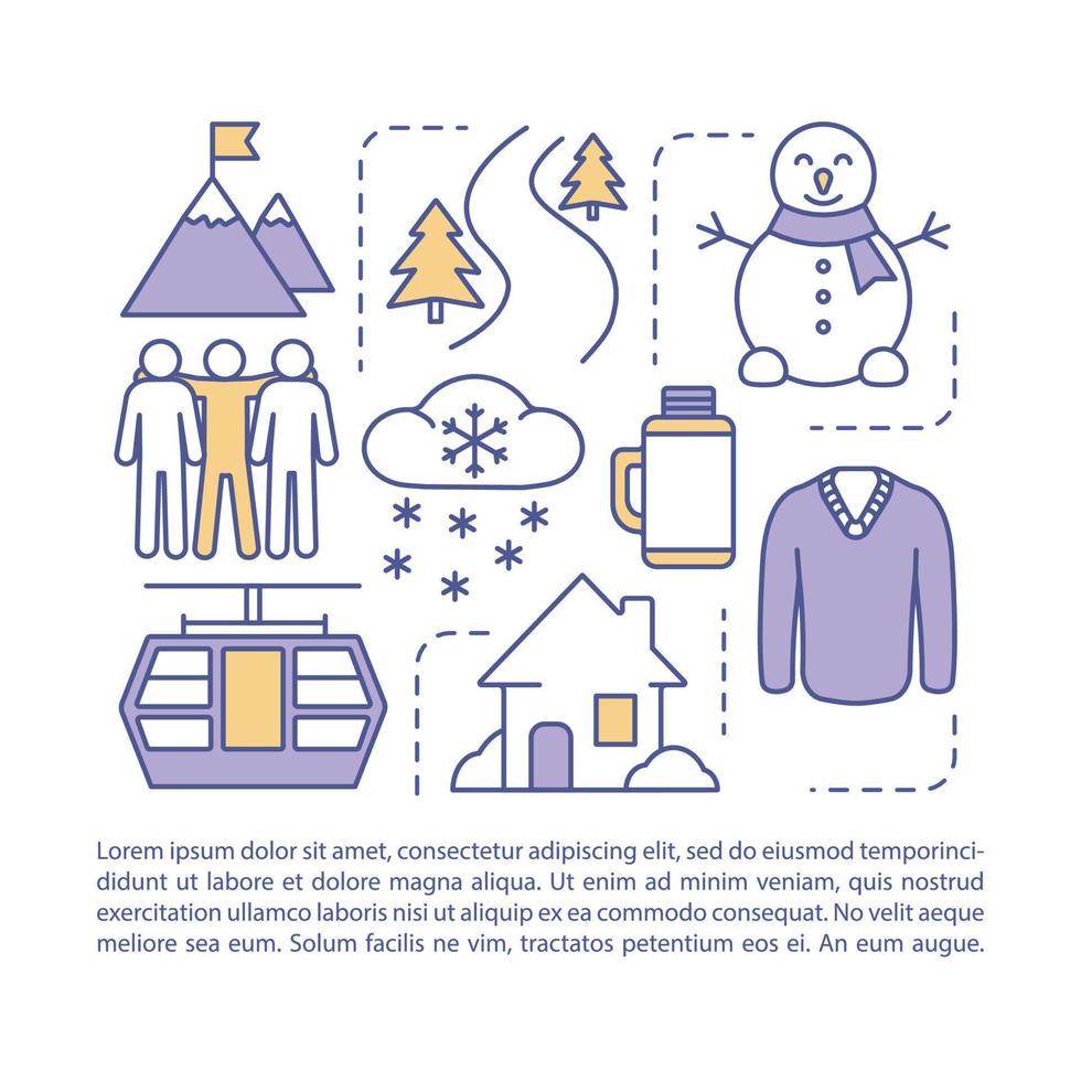 Winter, snowy holiday, vacation article page vector template. Ski resort brochure, magazine, booklet design with linear icons and text boxes. Print design. Concept illustrations with text space