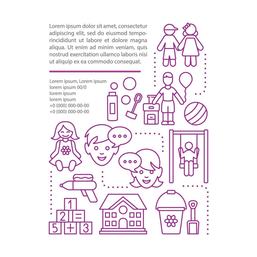 Kids, children camp, after school activity article page vector template. Brochure, magazine, booklet design element with linear icons and text boxes. Print design