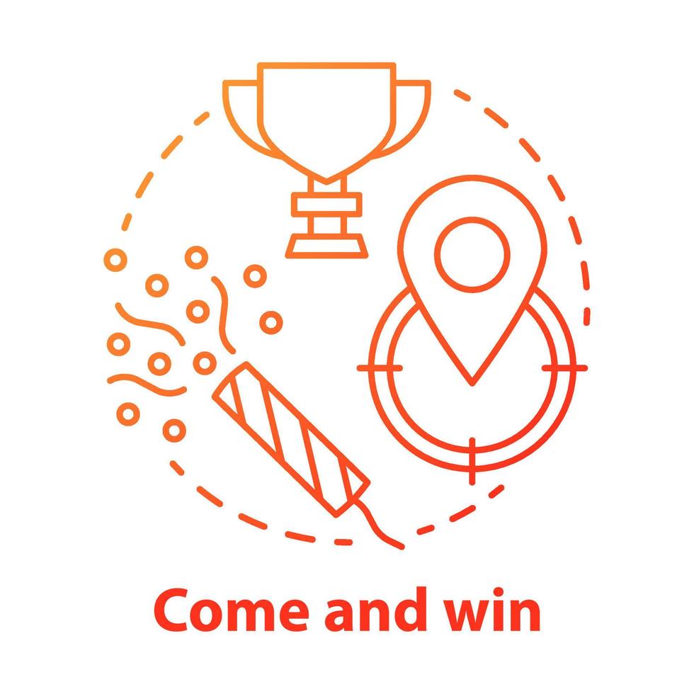 Come and win red gradient concept icon. Victory idea thin line illustration. Game winner award. Success, accomplishment and triumph. Goal, target achieving. Vector isolated outline drawing
