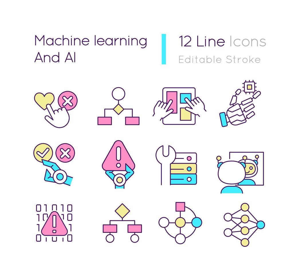 Machine learning and AI RGB color icons set. Artificial intelligence. Data collection and processing. Isolated vector illustrations. Simple filled line drawings collection. Editable stroke