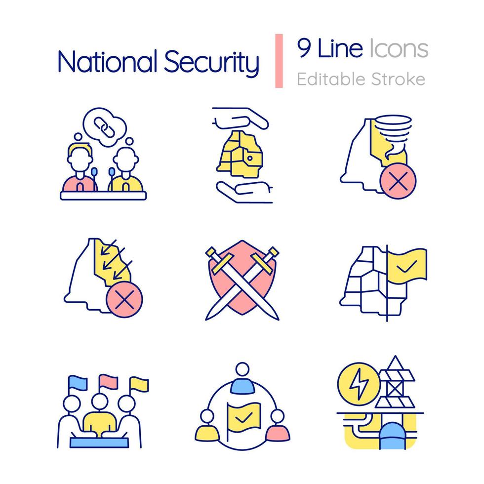 conjunto de iconos de color rgb de seguridad nacional. defensa de la libertad y la seguridad. ilustraciones vectoriales aisladas. colección de dibujos de líneas llenas simples. trazo editable. vector