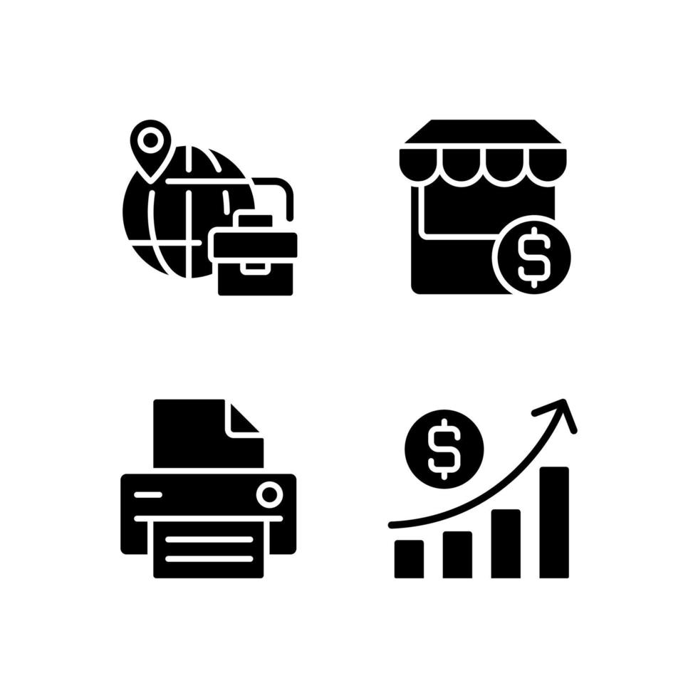 Business development black glyph icons set on white space. Traveling for company purposes. E commerce. Office printer. Cash flow. Silhouette symbols. Solid pictogram pack. Vector isolated illustration