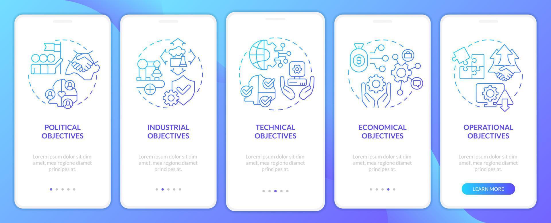 World cooperation objectives blue gradient onboarding mobile app screen. Walkthrough 5 steps graphic instructions pages with linear concepts. UI, UX, GUI template. vector