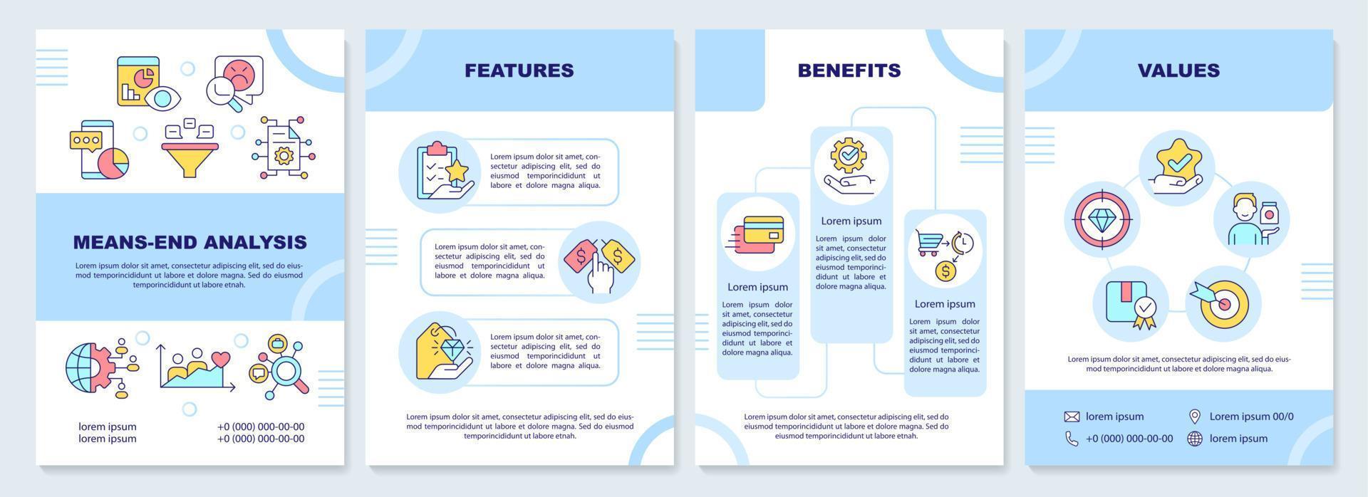 Means end analysis categories brochure template. Customer needs. Leaflet design with linear icons. 4 vector layouts for presentation, annual reports.