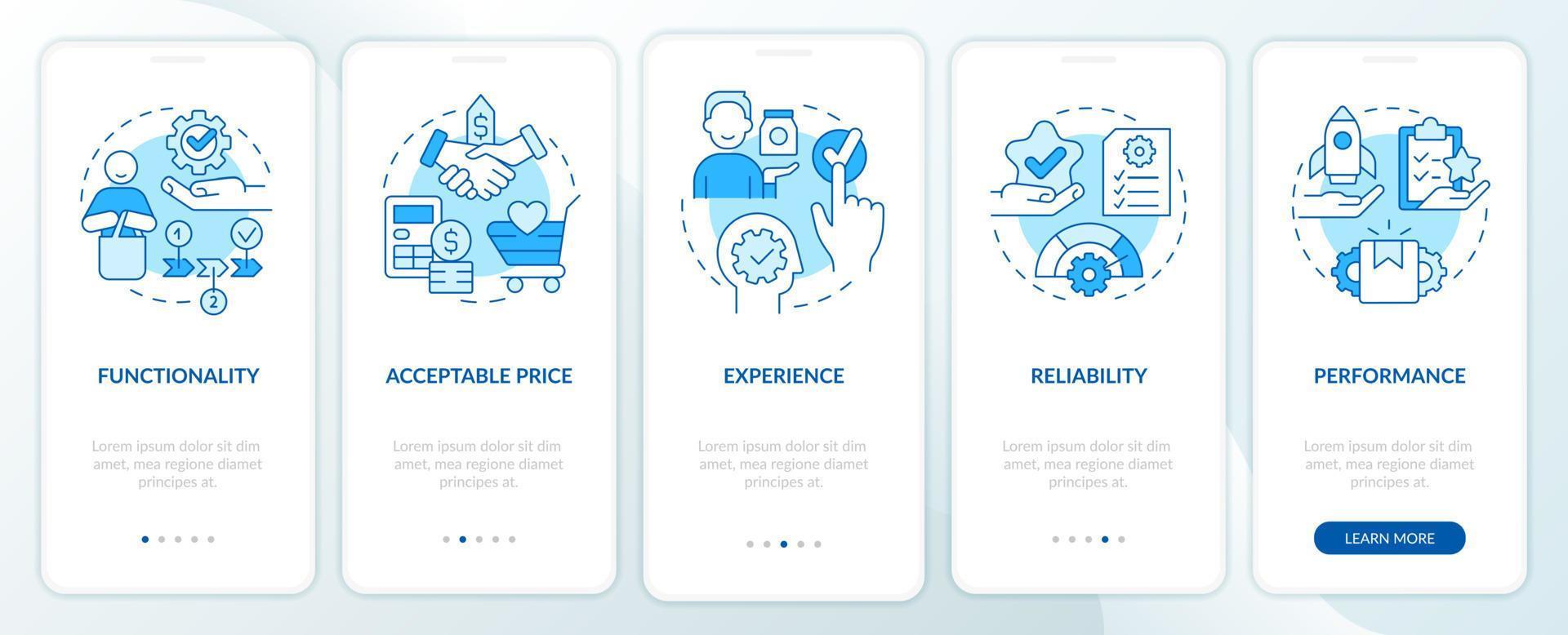 Product needs blue onboarding mobile app screen. Goods and service walkthrough 5 steps graphic instructions pages with linear concepts. UI, UX, GUI template. vector